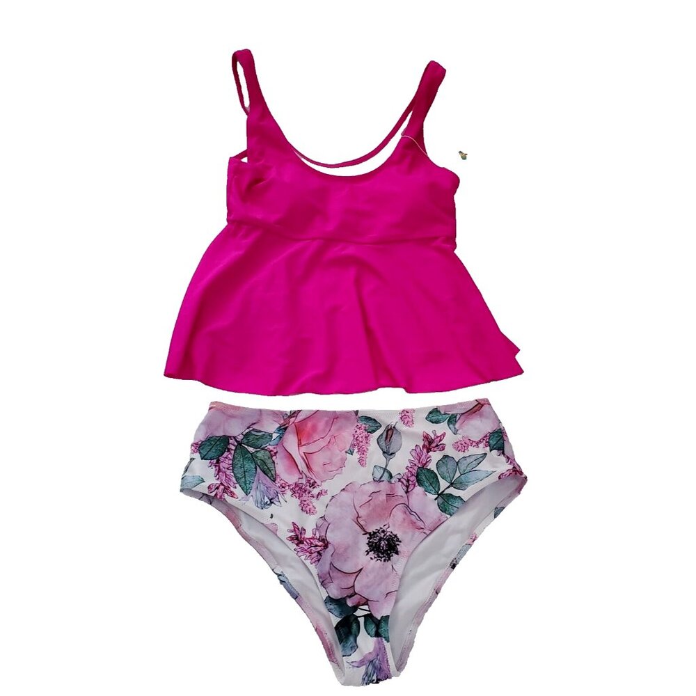 Beachsissi 2 Piece Tankini Size L Solid Pink Top Ruffled Bottom Flowered Bottoms